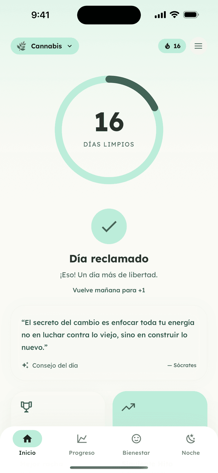 Pantalla de inicio de No Hoy con 16 días limpios y el día reclamado