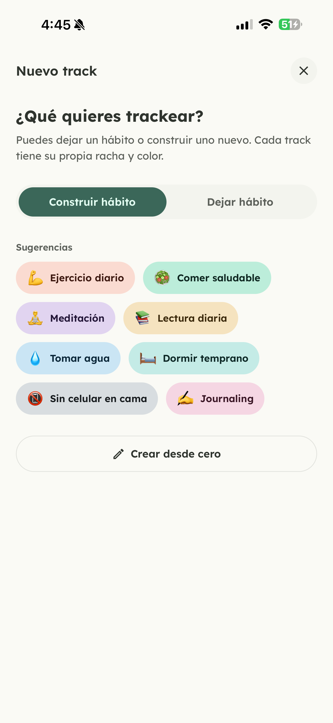 Pantalla de no hoy mostrando varios hábitos con su racha